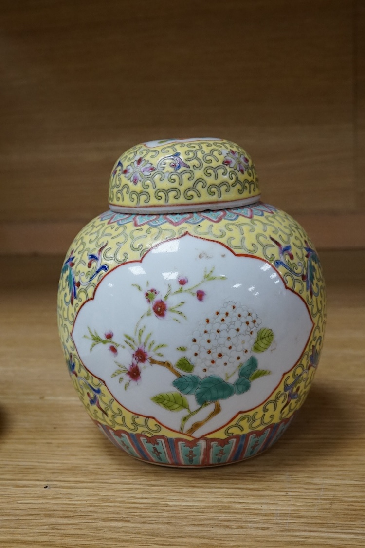 A Chinese yellow ground ginger jar and an enamelled saucer dish, largest 16cm high